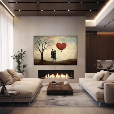 Wall Art titled: Shared Eternity in a Horizontal format with: Brown, Red, and Pastel Colors; Decoration the Fireplace wall