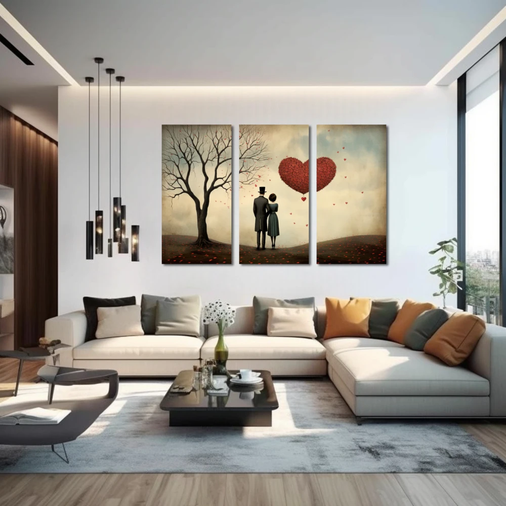 Cuadro eternidad compartida en formato tríptico con colores marrón, rojo, pastel; decorando pared de encima del sofá