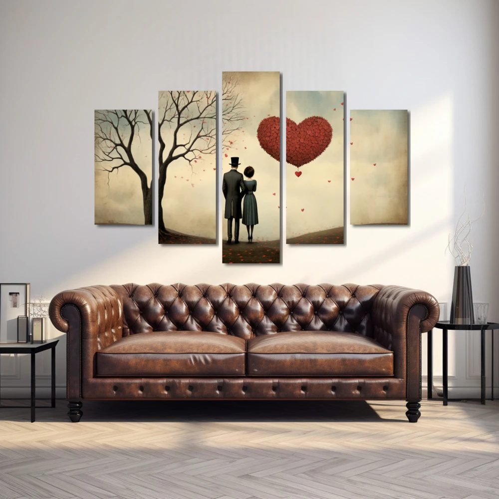 Cuadro eternidad compartida en formato políptico con colores marrón, rojo, pastel; decorando pared de encima del sofá