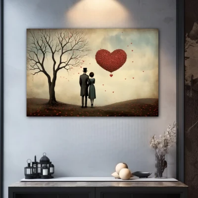 Wall Art titled: Shared Eternity in a Horizontal format with: Brown, Red, and Pastel Colors; Decoration the Grey Walls wall