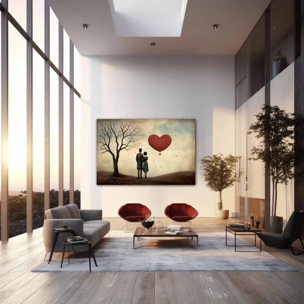 Cuadro eternidad compartida en formato horizontal con colores marrón, rojo, pastel; decorando pared de salón comedor