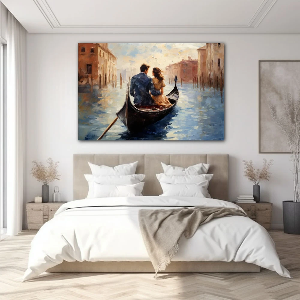 Cuadro navegando el amor en formato horizontal con colores azul, marrón; decorando pared de habitación dormitorio
