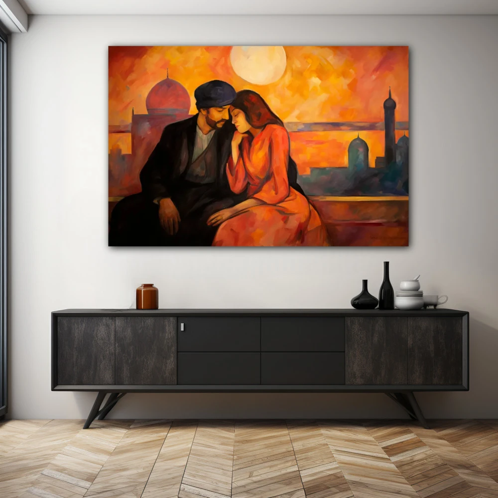 Cuadro intimidad crepuscular en formato horizontal con colores mostaza, naranja, negro; decorando pared de aparador