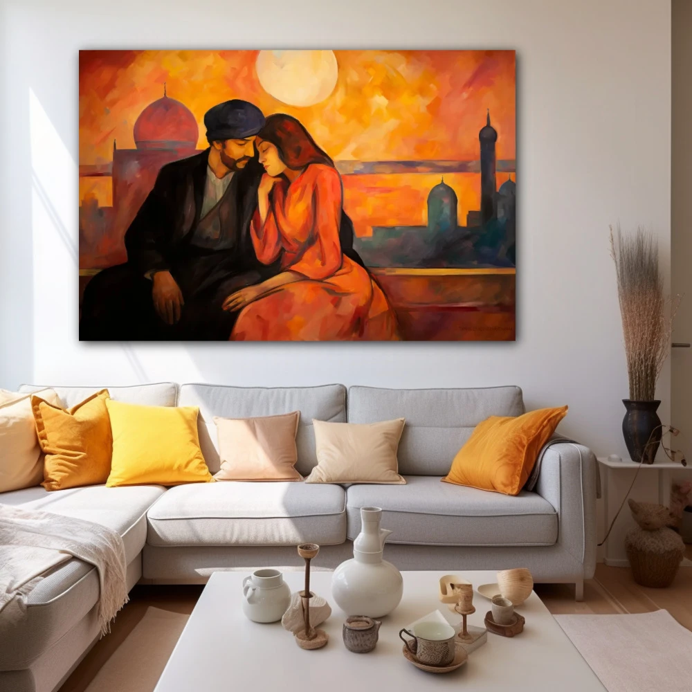 Cuadro intimidad crepuscular en formato horizontal con colores mostaza, naranja, negro; decorando pared blanca