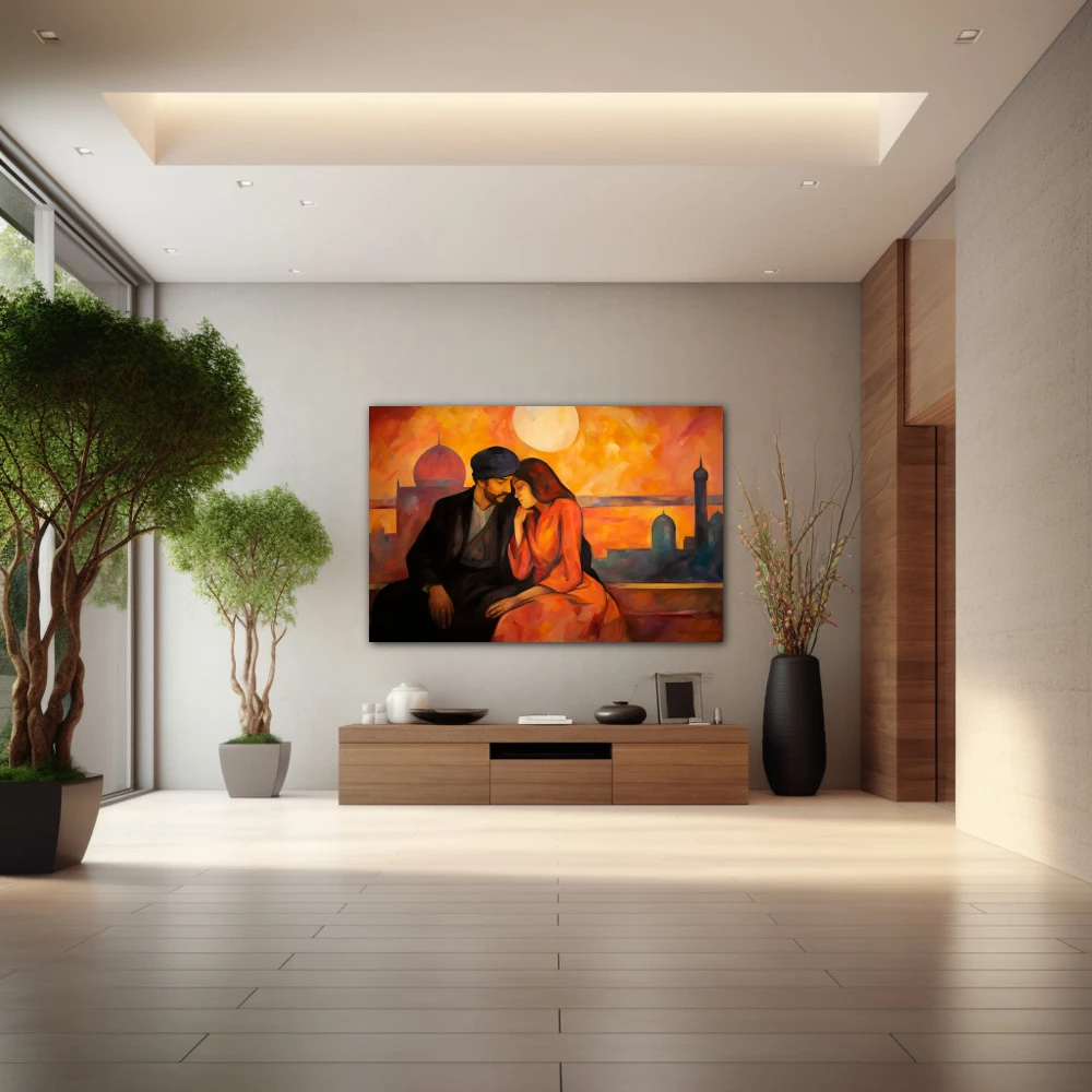 Wall Art titled: Crepuscular Intimacy in a Horizontal format with: Mustard, Orange, and Black Colors; Decoration the Entryway wall