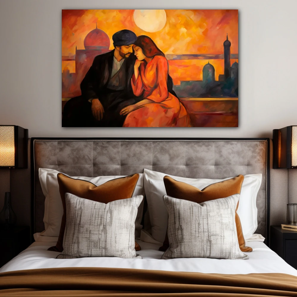 Cuadro intimidad crepuscular en formato horizontal con colores mostaza, naranja, negro; decorando pared de habitación dormitorio