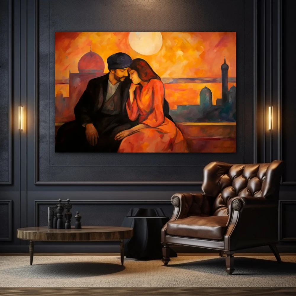 Cuadro intimidad crepuscular en formato horizontal con colores mostaza, naranja, negro; decorando pared de salón comedor