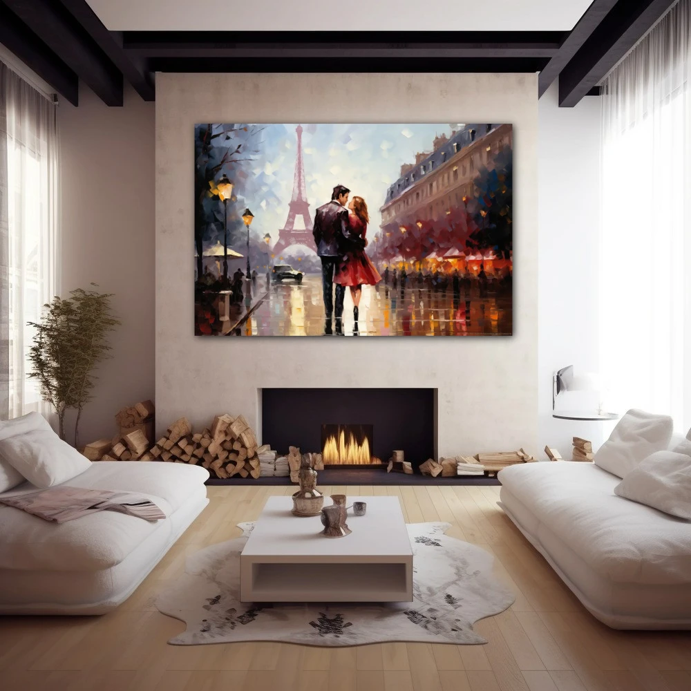 Wall Art titled: Boulevard of Dreams in a Horizontal format with: Yellow, Sky blue, Grey, and Brown Colors; Decoration the Fireplace wall