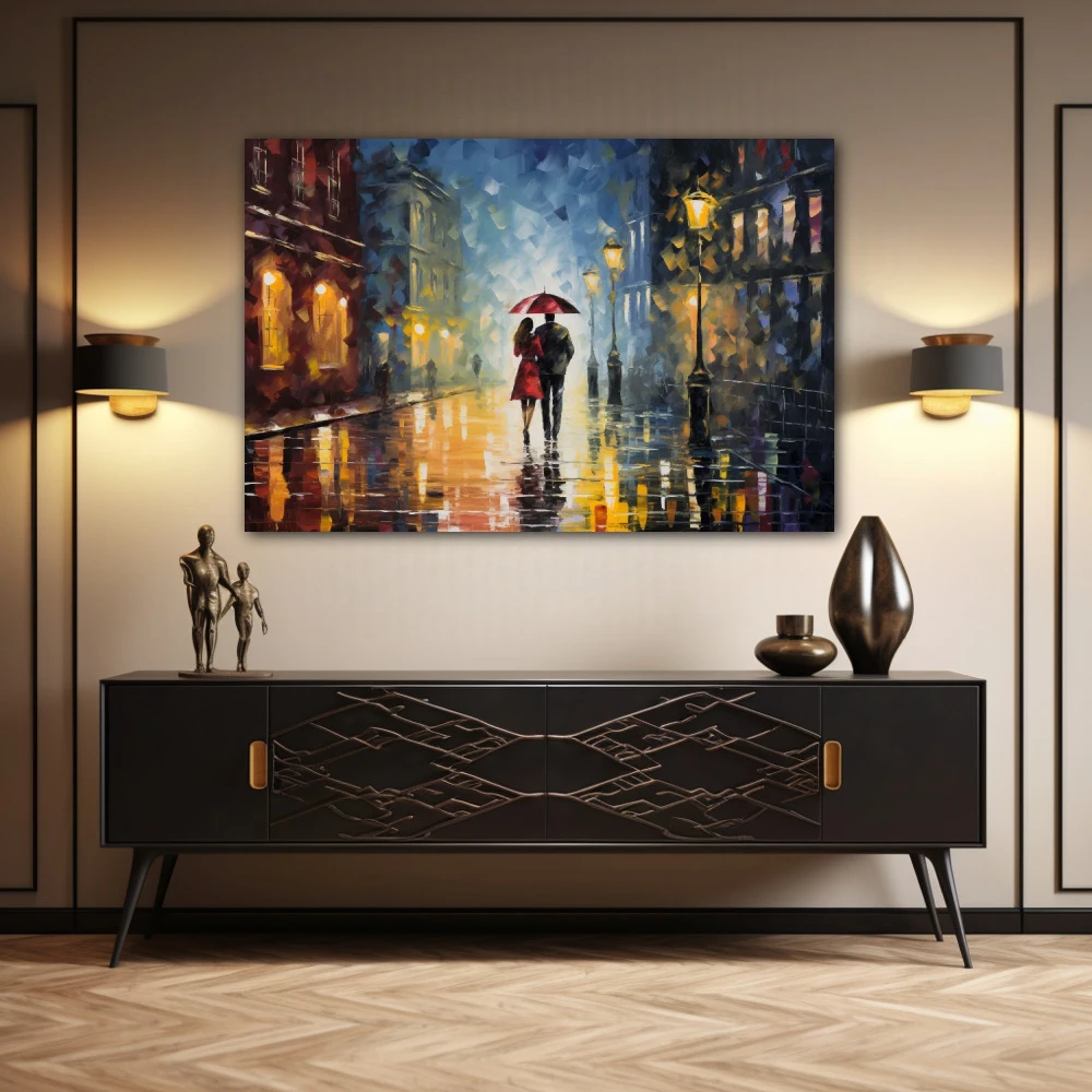 Wall Art titled: Love Under a Rainy Sky in a Horizontal format with: Blue, Grey, and Brown Colors; Decoration the Sideboard wall