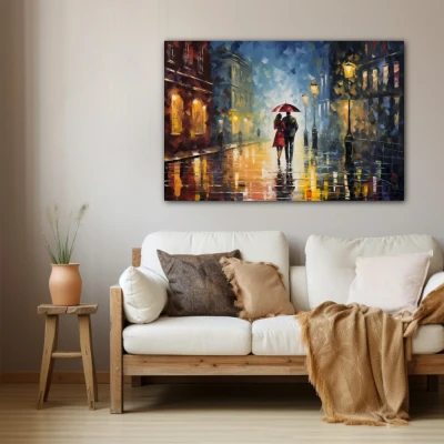 Wall Art titled: Love Under a Rainy Sky in a  format with: Blue, Grey, and Brown Colors; Decoration the Beige Wall wall