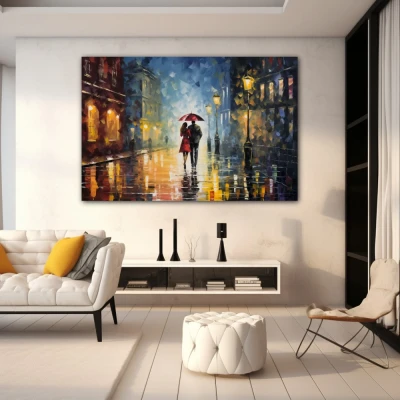 Wall Art titled: Love Under a Rainy Sky in a  format with: Blue, Grey, and Brown Colors; Decoration the White Wall wall