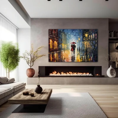 Wall Art titled: Love Under a Rainy Sky in a  format with: Blue, Grey, and Brown Colors; Decoration the Fireplace wall