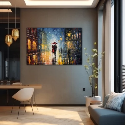 Wall Art titled: Love Under a Rainy Sky in a  format with: Blue, Grey, and Brown Colors; Decoration the Grey Walls wall
