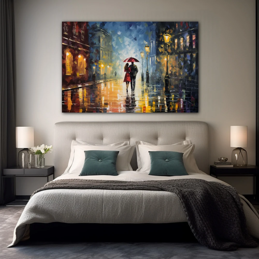 Cuadro amor bajo un cielo lluvioso en formato horizontal con colores azul, gris, marrón; decorando pared de habitación dormitorio