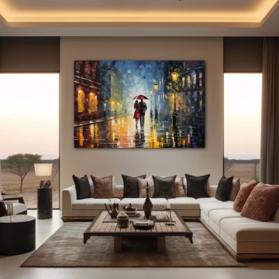 Wall Art titled: Love Under a Rainy Sky in a  format with: Blue, Grey, and Brown Colors; Decoration the Living Room wall