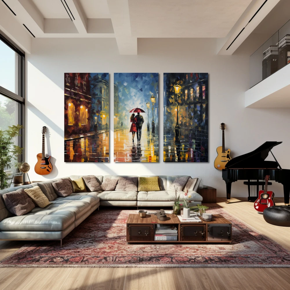 Wall Art titled: Love Under a Rainy Sky in a Horizontal format with: Blue, Grey, and Brown Colors; Decoration the Living Room wall