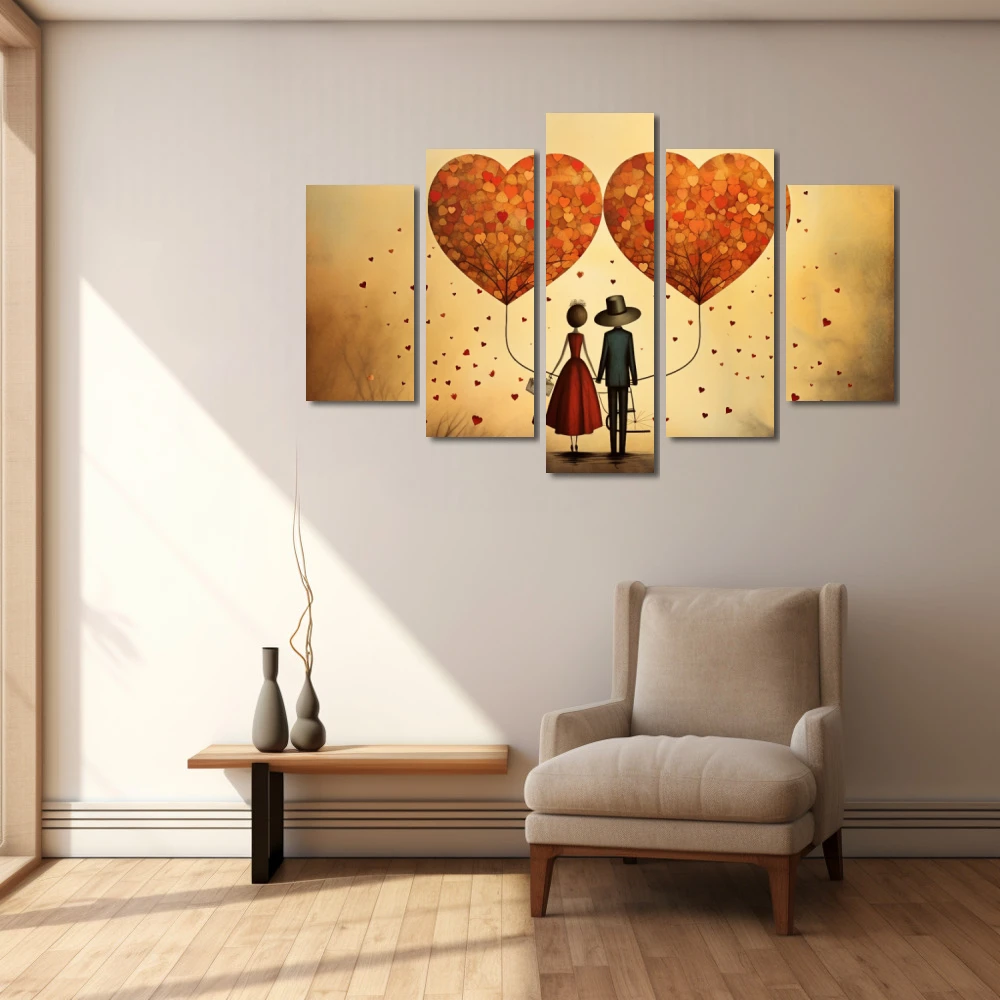 Cuadro amor en armonía en formato políptico con colores naranja, rojo, beige; decorando pared beige