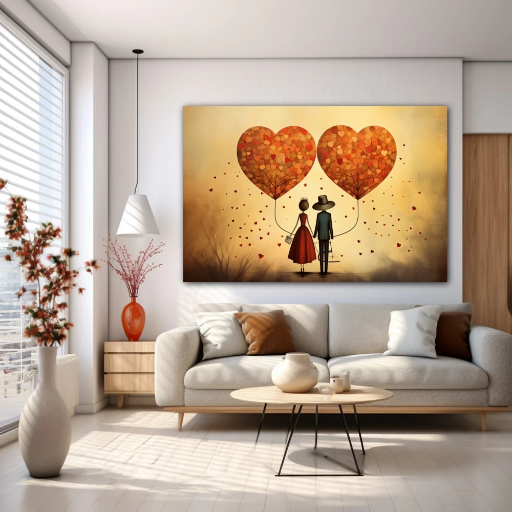 Cuadro amor en armonía en formato horizontal con colores naranja, rojo, beige; decorando pared blanca