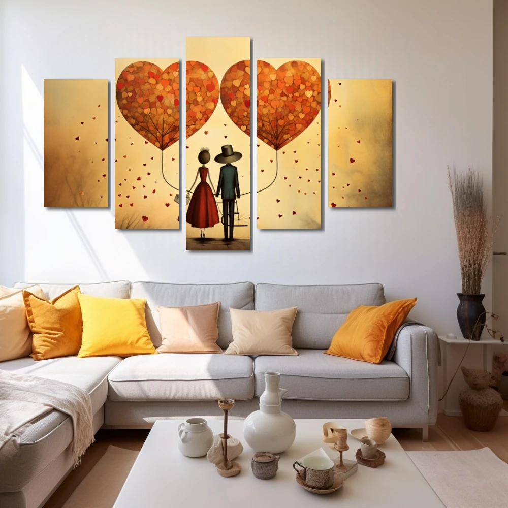 Wall Art titled: Love in Harmony in a Horizontal format with: Orange, Red, and Beige Colors; Decoration the White Wall wall