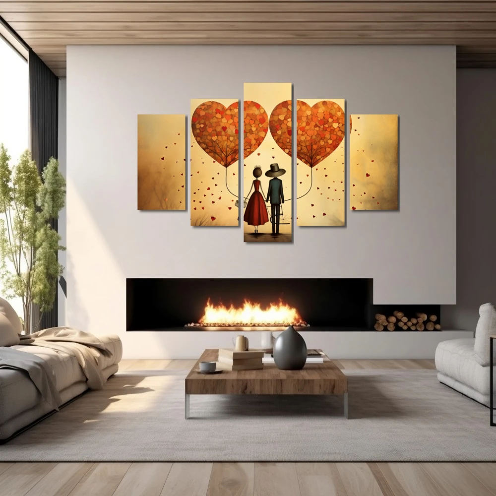Wall Art titled: Love in Harmony in a Horizontal format with: Orange, Red, and Beige Colors; Decoration the Fireplace wall