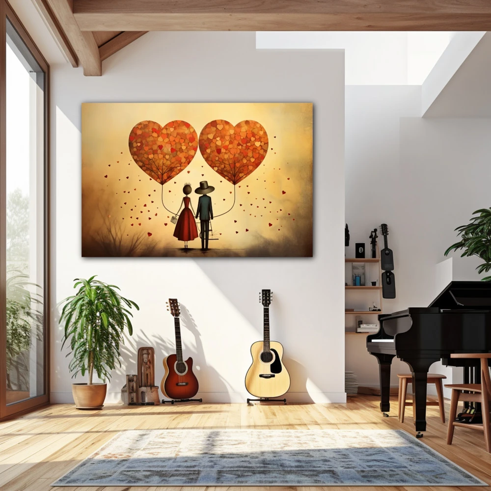 Cuadro amor en armonía en formato horizontal con colores naranja, rojo, beige; decorando pared de salón comedor