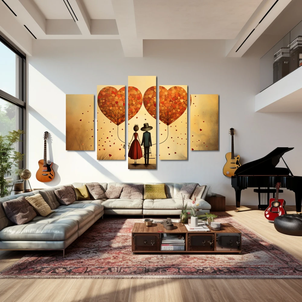Cuadro amor en armonía en formato políptico con colores naranja, rojo, beige; decorando pared de salón comedor