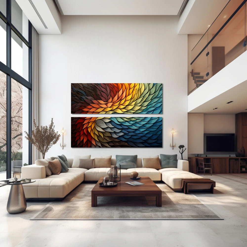Wall Art titled: Thousand Layers in a Horizontal format with: Yellow, Blue, and Vivid Colors; Decoration the Above Couch wall