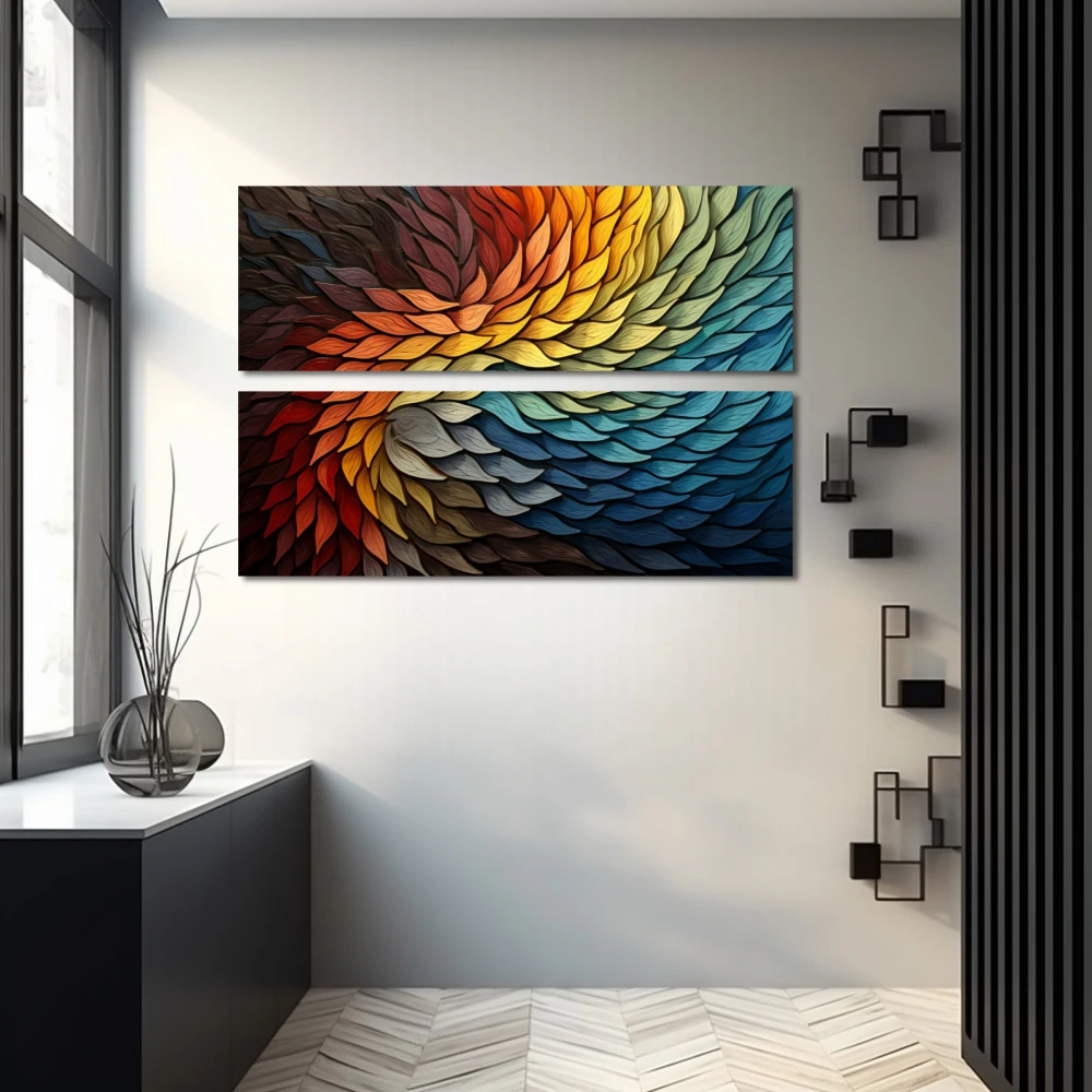 Wall Art titled: Thousand Layers in a Horizontal format with: Yellow, Blue, and Vivid Colors; Decoration the Grey Walls wall