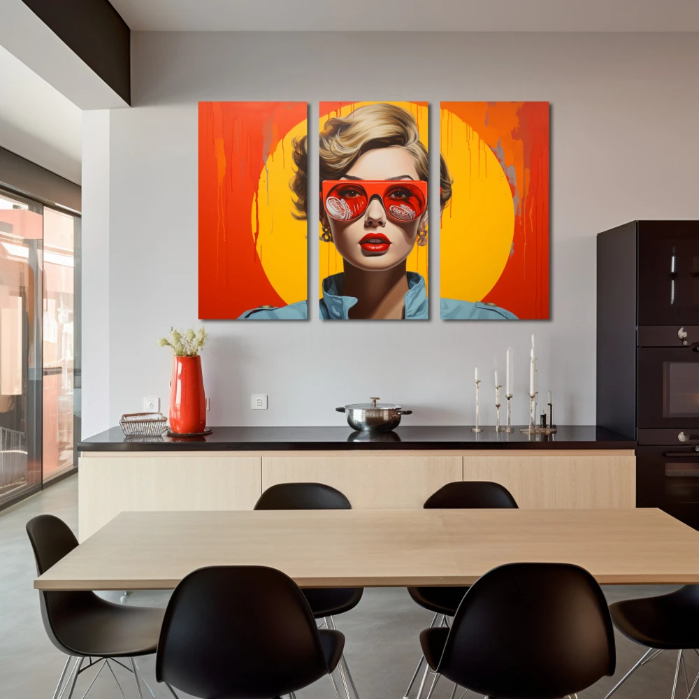 Wall Art titled: Echoes of Consumption in a Horizontal format with: Yellow, Orange, and Red Colors; Decoration the Kitchen wall