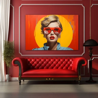 Cuadro Ecos del Consumo en formato horizontal con colores Amarillo, Naranja, Rojo; Decorando pared de Encima del Sofá