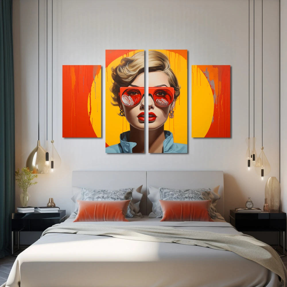 Cuadro ecos del consumo en formato políptico con colores amarillo, naranja, rojo; decorando pared de habitación dormitorio