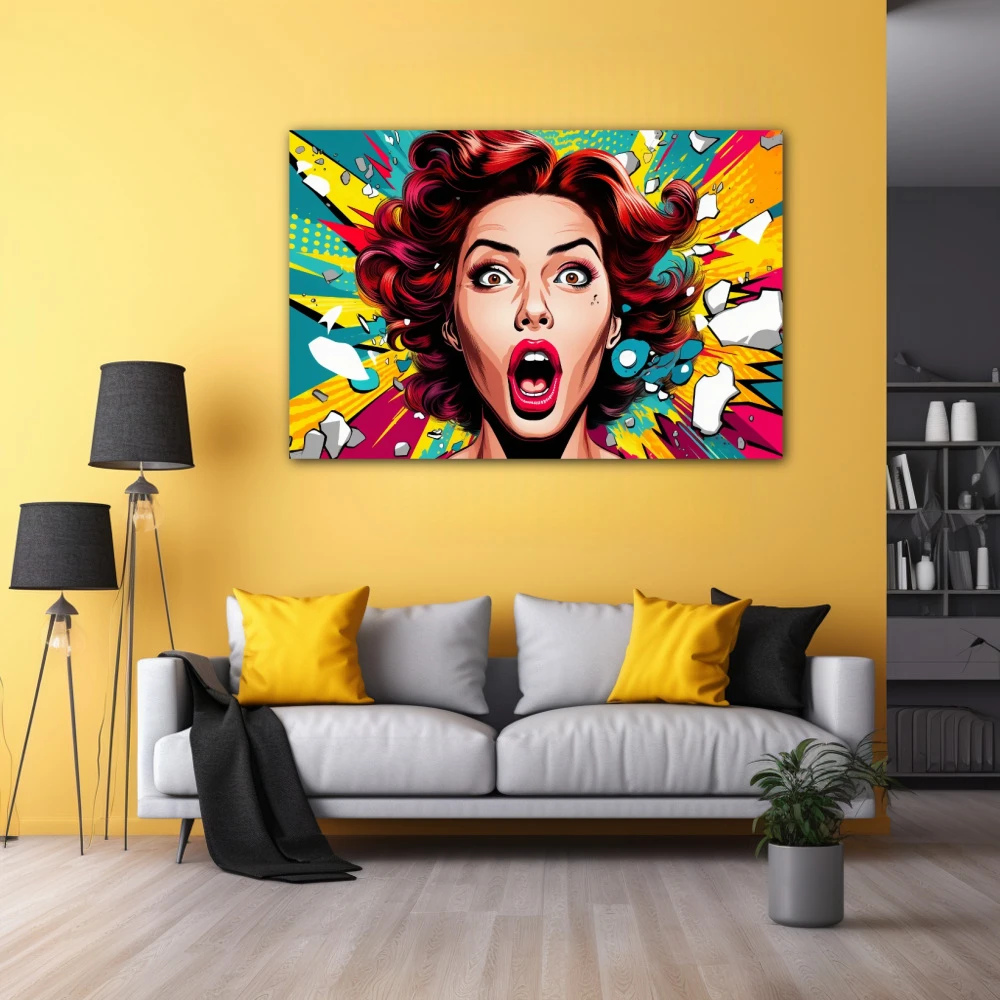 Wall Art titled: Pop Scream in a Horizontal format with: Yellow, Red, Green, and Vivid Colors; Decoration the Yellow Walls wall