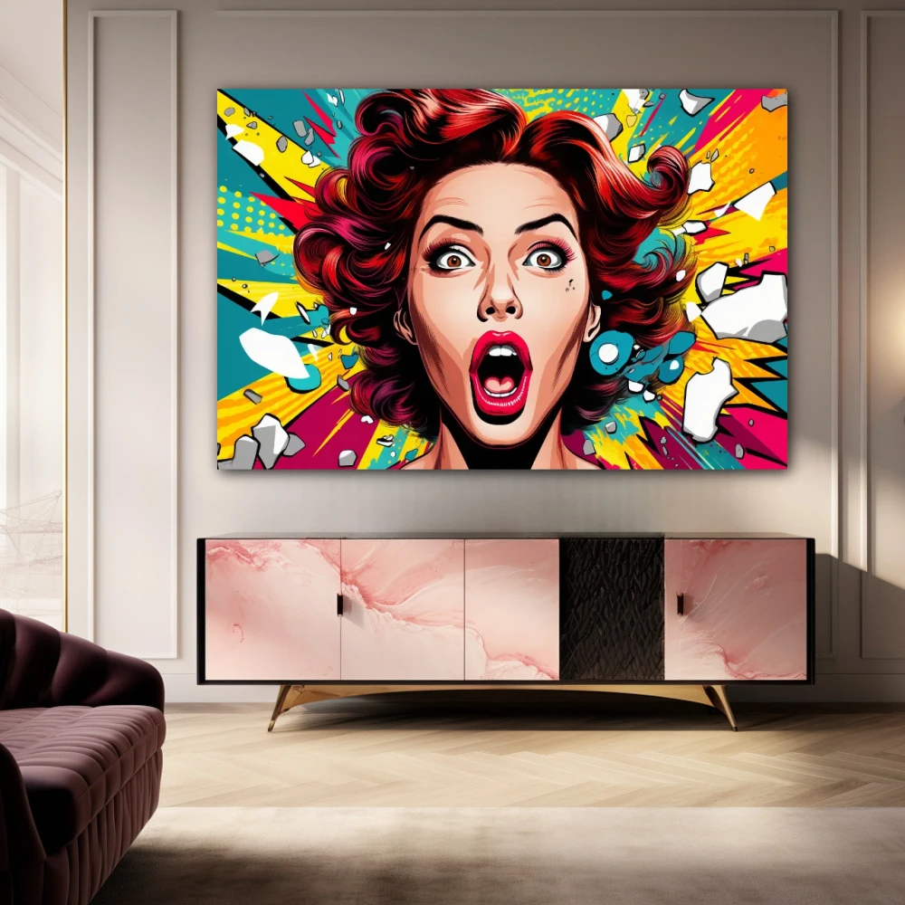 Wall Art titled: Pop Scream in a Horizontal format with: Yellow, Red, Green, and Vivid Colors; Decoration the Sideboard wall