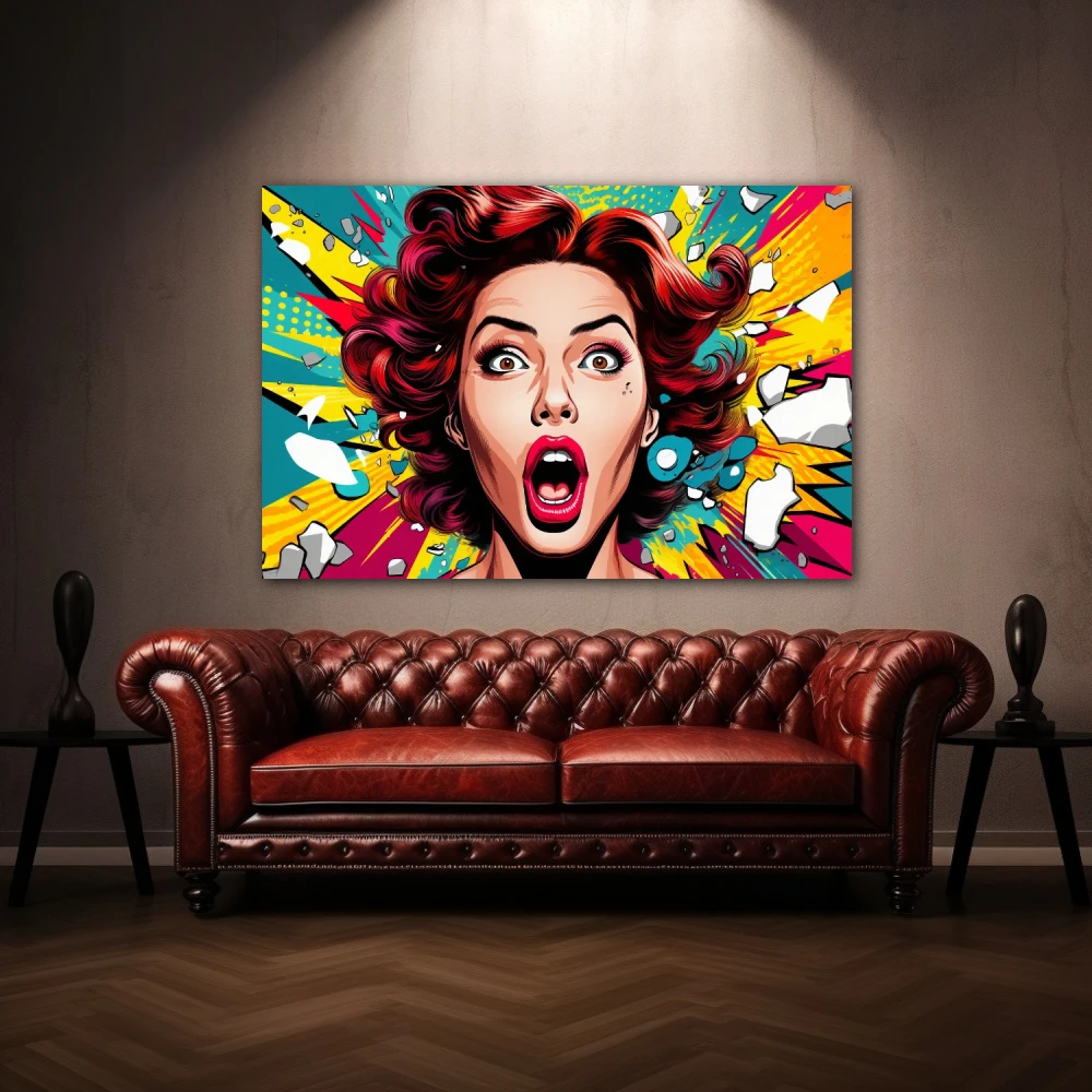 Wall Art titled: Pop Scream in a Horizontal format with: Yellow, Red, Green, and Vivid Colors; Decoration the Above Couch wall