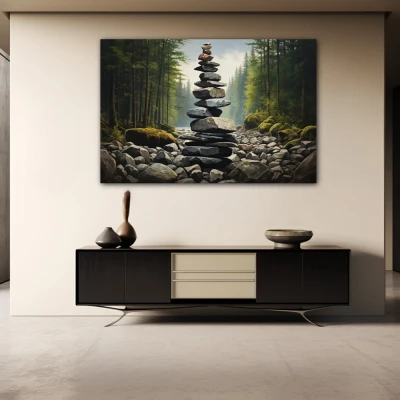 Wall Art titled: Serenity Tower in a  format with: Grey, and Green Colors; Decoration the Sideboard wall