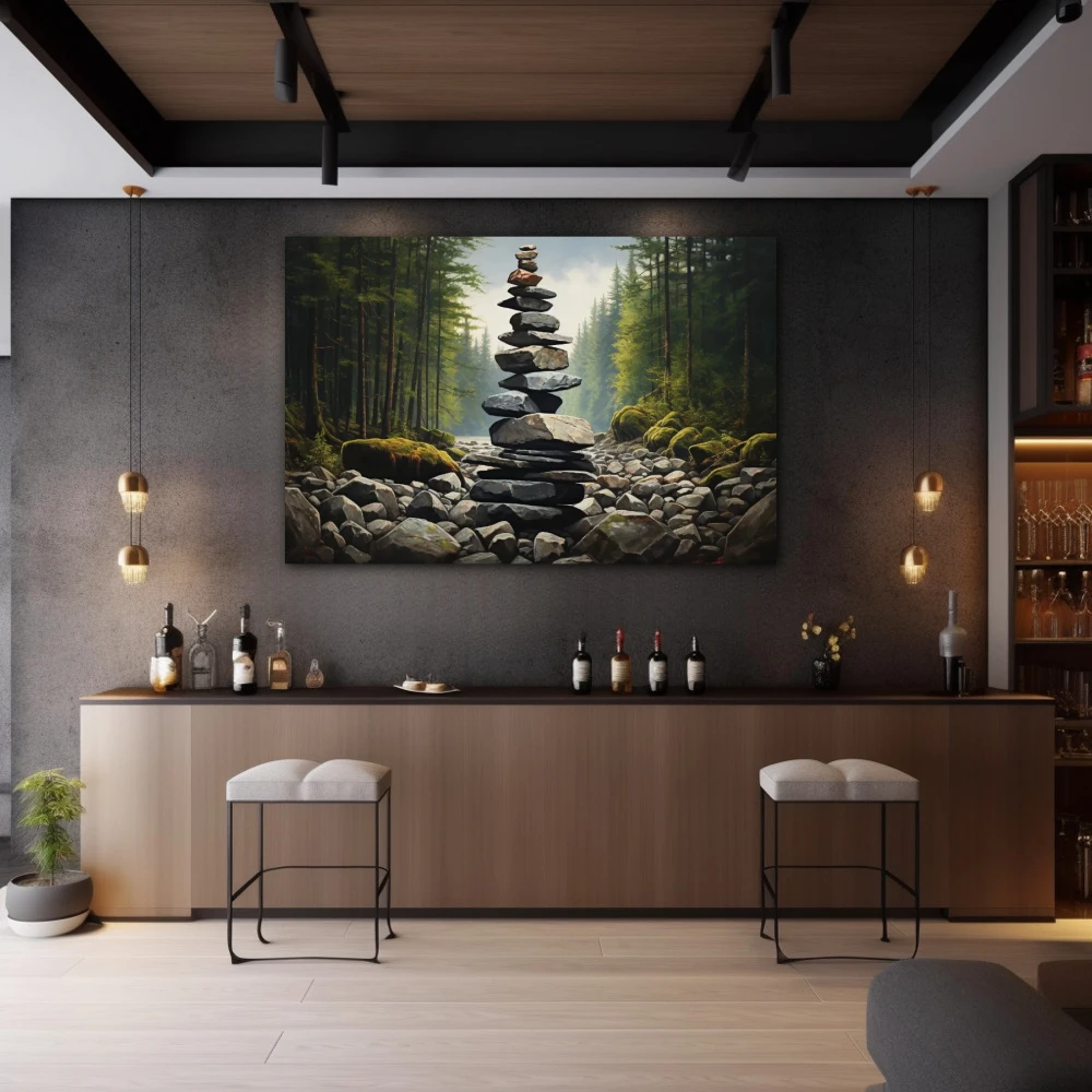 Wall Art titled: Serenity Tower in a Horizontal format with: Grey, and Green Colors; Decoration the Bar wall