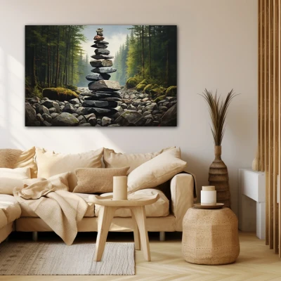 Wall Art titled: Serenity Tower in a  format with: Grey, and Green Colors; Decoration the Beige Wall wall