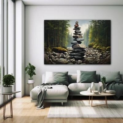 Wall Art titled: Serenity Tower in a Horizontal format with: Grey, and Green Colors; Decoration the White Wall wall