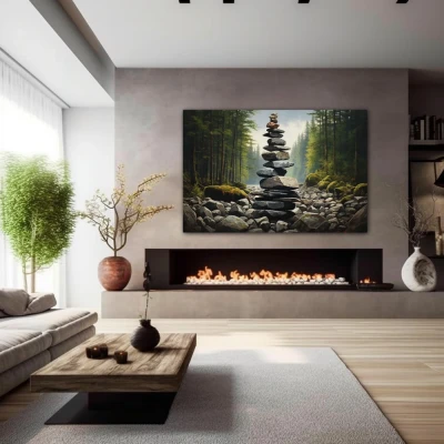 Wall Art titled: Serenity Tower in a  format with: Grey, and Green Colors; Decoration the Fireplace wall