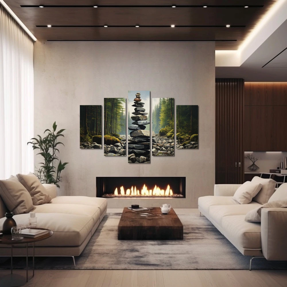 Wall Art titled: Serenity Tower in a Horizontal format with: Grey, and Green Colors; Decoration the Fireplace wall