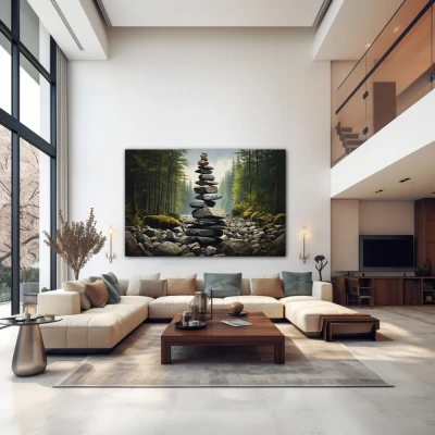 Wall Art titled: Serenity Tower in a Horizontal format with: Grey, and Green Colors; Decoration the Above Couch wall