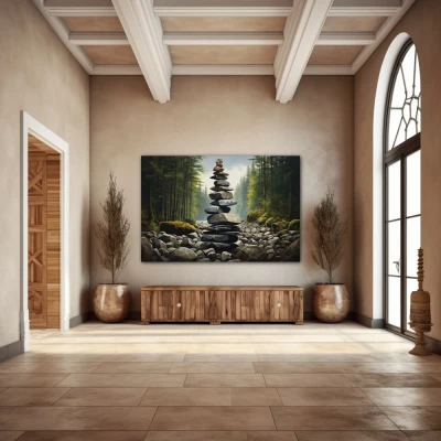 Wall Art titled: Serenity Tower in a Horizontal format with: Grey, and Green Colors; Decoration the Entryway wall