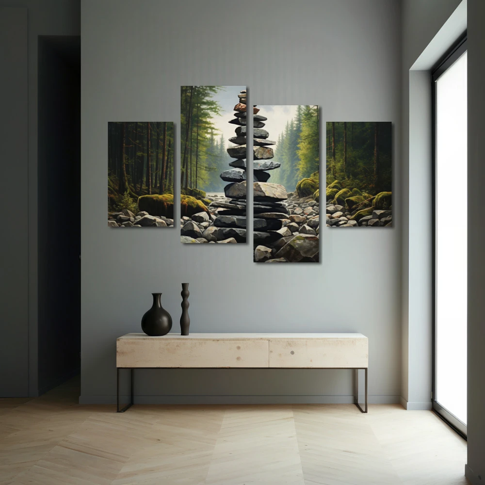 Wall Art titled: Serenity Tower in a Horizontal format with: Grey, and Green Colors; Decoration the Grey Walls wall