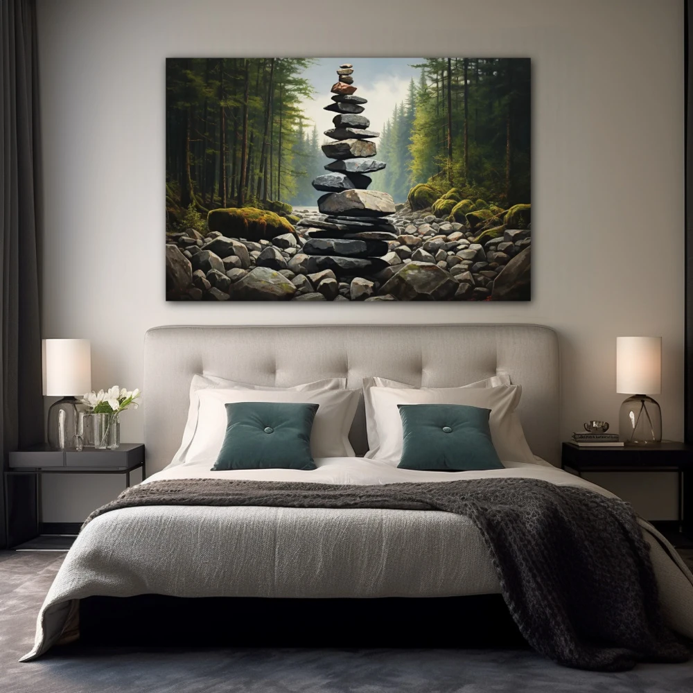 Cuadro torre de serenidad en formato horizontal con colores gris, verde; decorando pared de habitación dormitorio