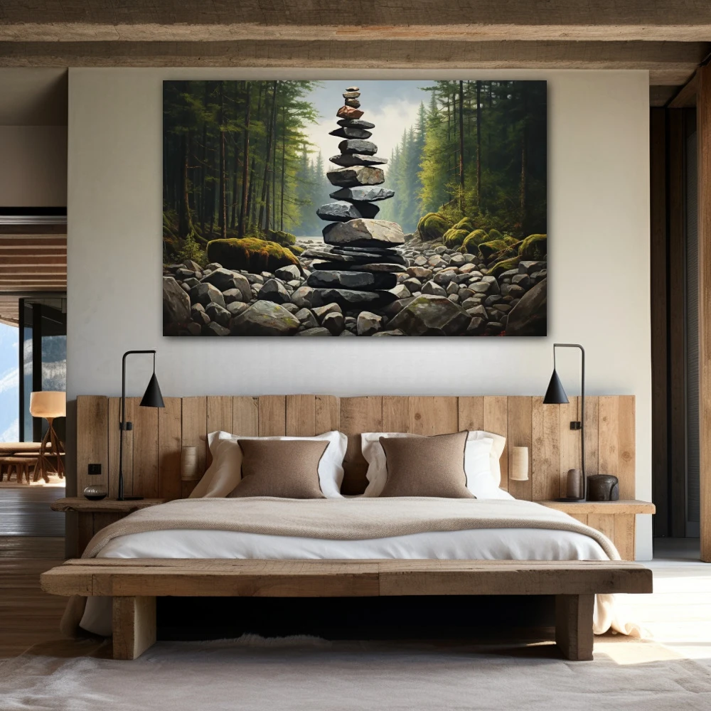 Cuadro torre de serenidad en formato horizontal con colores gris, verde; decorando pared de habitación dormitorio