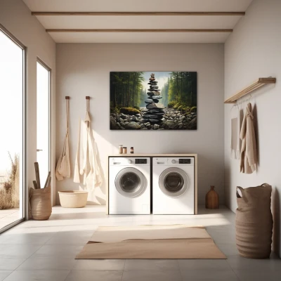 Wall Art titled: Serenity Tower in a  format with: Grey, and Green Colors; Decoration the Laundry wall