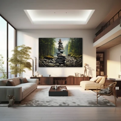 Wall Art titled: Serenity Tower in a  format with: Grey, and Green Colors; Decoration the Living Room wall