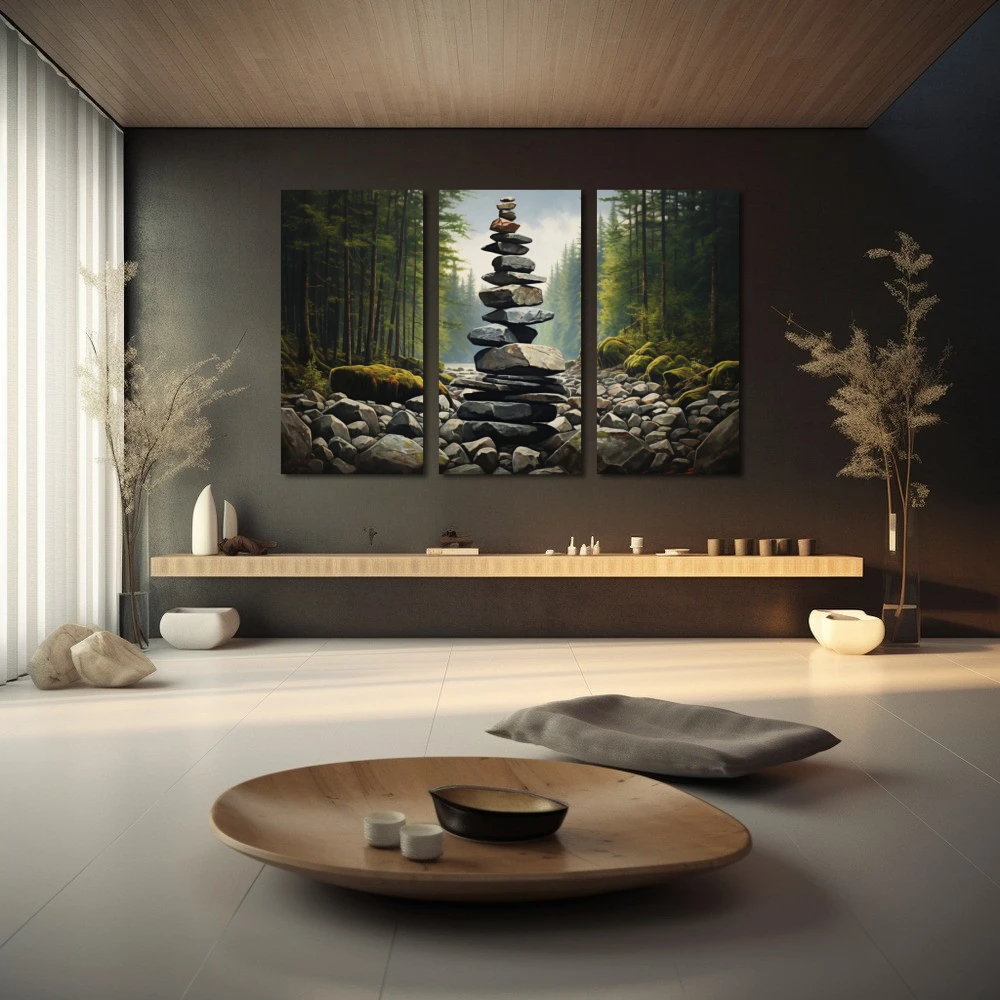 Wall Art titled: Serenity Tower in a Horizontal format with: Grey, and Green Colors; Decoration the Wellbeing wall