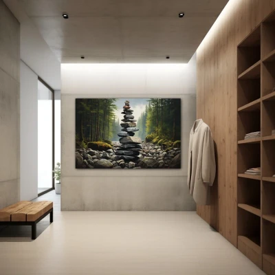 Wall Art titled: Serenity Tower in a  format with: Grey, and Green Colors; Decoration the Dressing Room wall