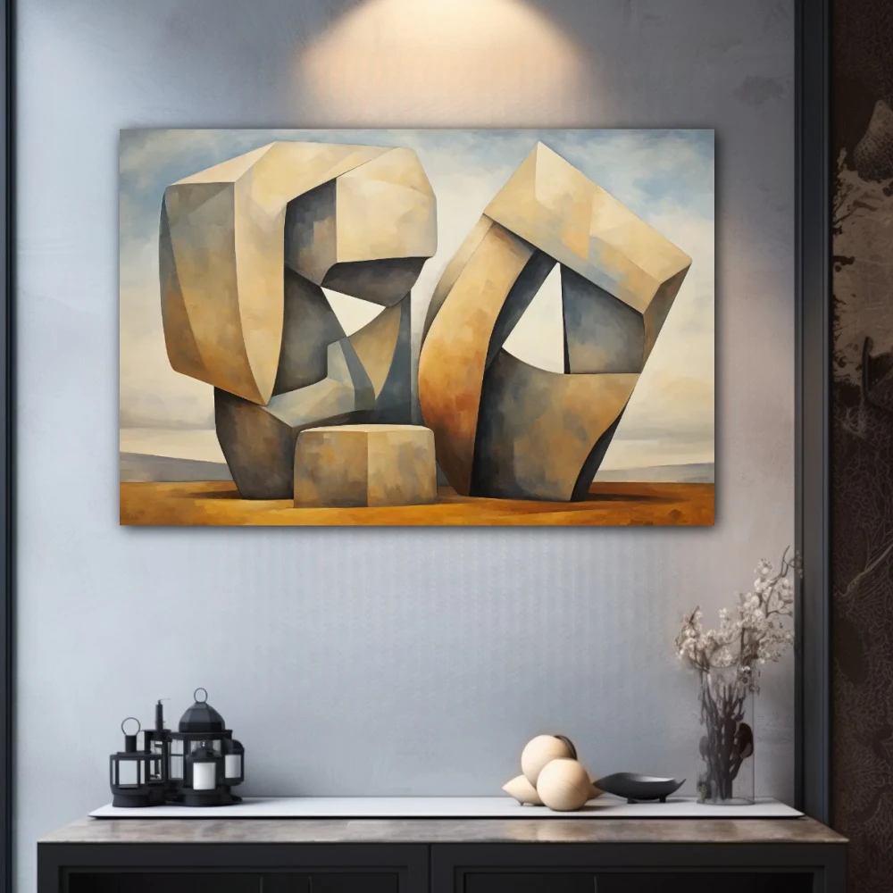 Cuadro abstracción monolítica en formato horizontal con colores gris, marrón; decorando pared gris
